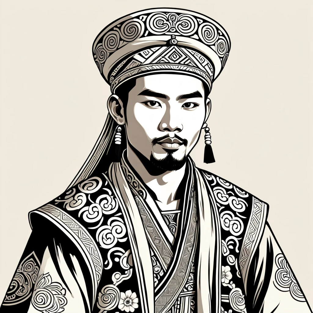 man in folk outfit from an unknown asian ethnic group, vector graphics, strong contours
