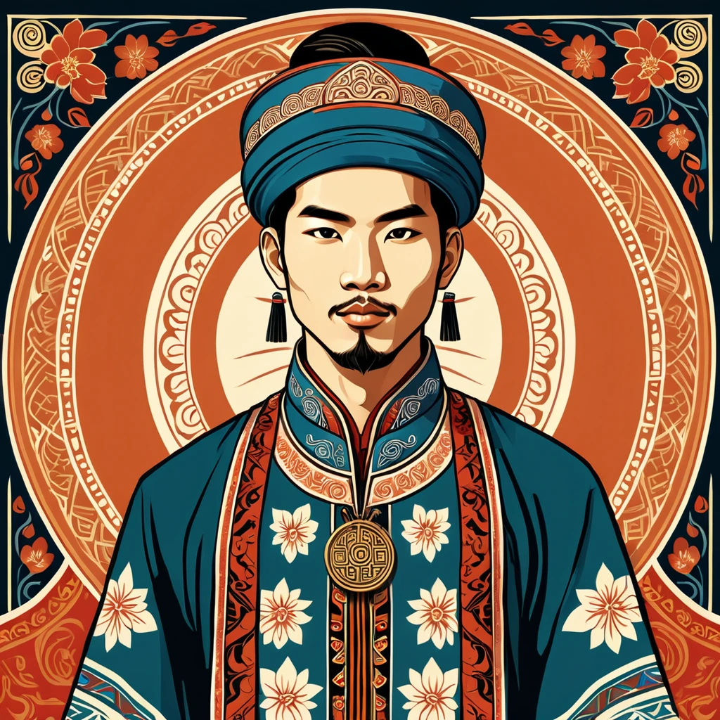 man in folk outfit from an unknown asian ethnic group, vector graphics, strong contours
