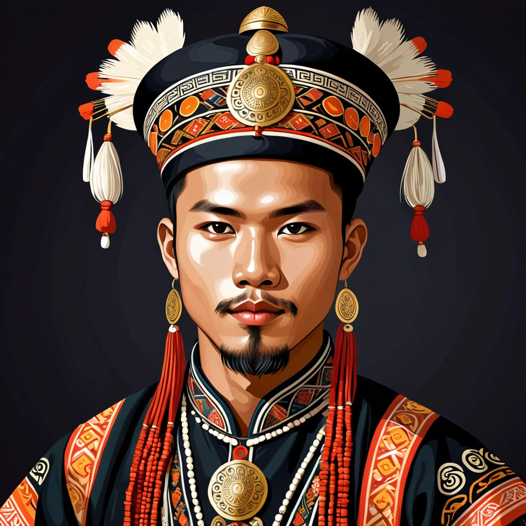 man in folk outfit from an unknown asian ethnic group, vector graphics, strong contours