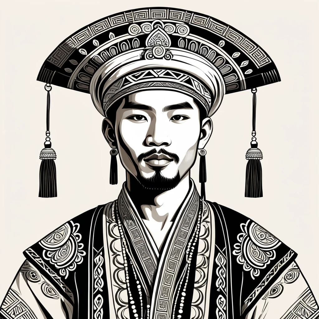 man in folk outfit from an unknown asian ethnic group, vector graphics, strong contours