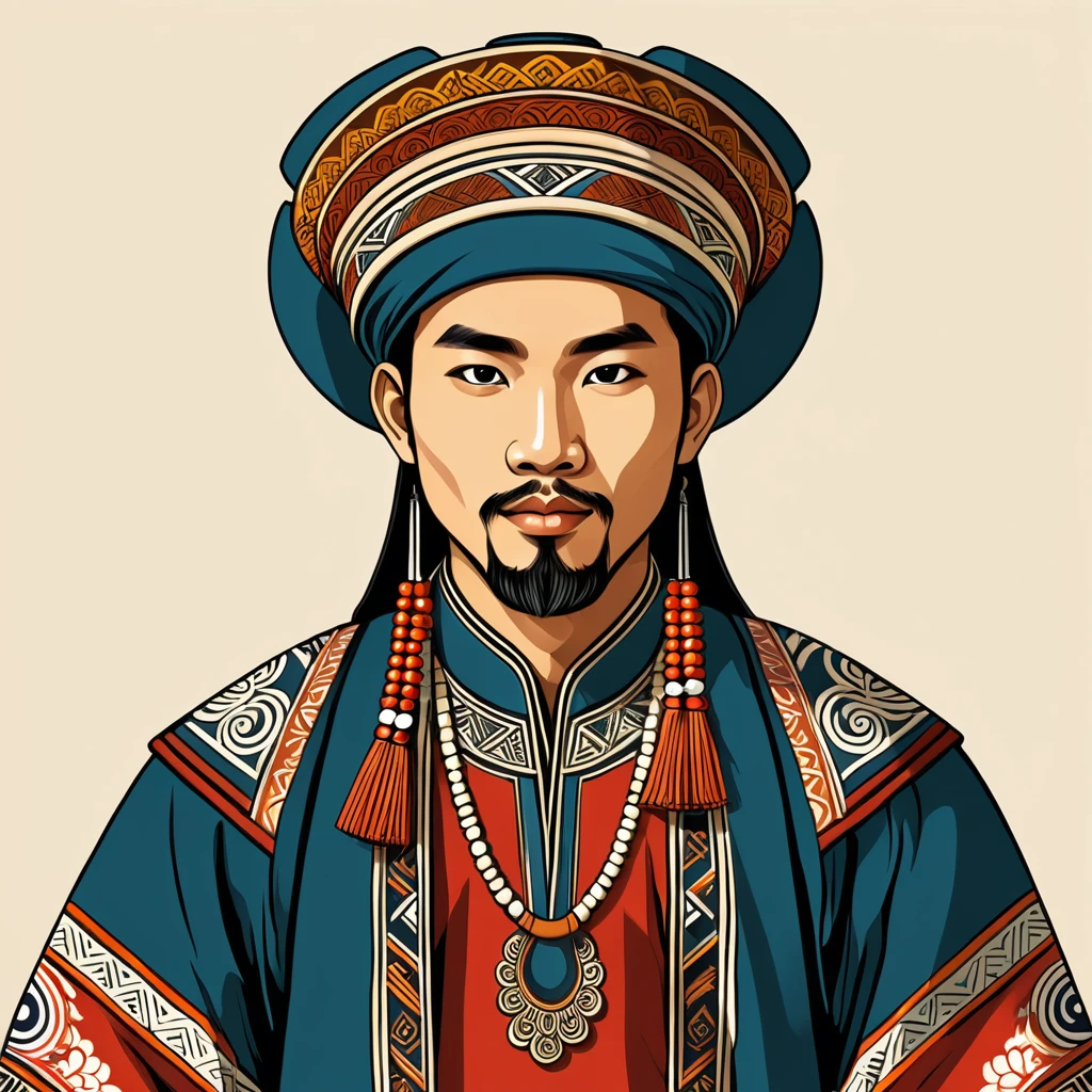 man in folk outfit from an unknown asian ethnic group, vector graphics, strong contours