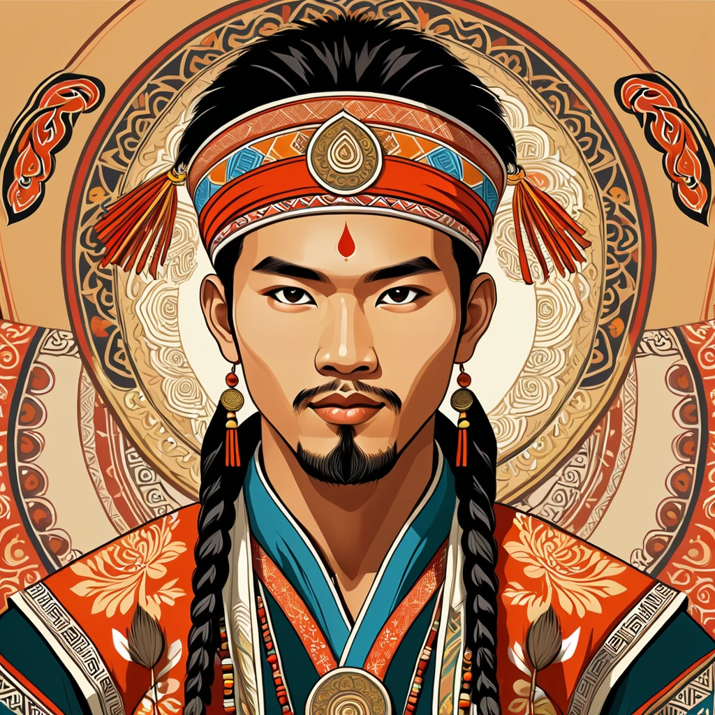 man in folk outfit from an unknown asian ethnic group, vector graphics, strong contours