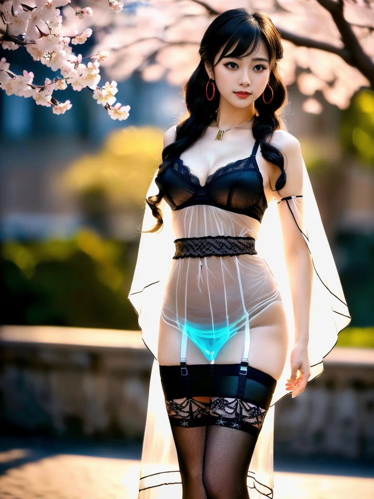 An Asian Chinese female model, (weather:night), (weather:rain), (background:street), (8K Ultra HD, Digital SLR Camera, Soft Light, high quality, Volumetric Lighting, frank, photo, high resolution, 4K, 8K, Bokeh), ((Create stunning images of real girls), warm light, Dynamic poses, Elegant Posture, Cowboy lens, Full body front view, From the front，Be confident, Body facing the camera, Standing facing the camera, Open your legs slightly, Golden Ratio Graphics, Minimalism), (Show a charming smile, Willow Leaf Eyebrows, big eyes, Apricot eye prick, Cherry Blossom, Balanced Eyes, Oval face, Pretty Face, Normal facial features, Skin is transparent and visible, Thin skin and tender meat, Slim body, cosmetic, earrings, bracelet, necklace, Jewelry, veil, Hair accessories), (Jet black hair, Bangs, Wavy curly hairstyle, Waist-length hair, Messy Hairstyle, Gradient hairstyles, Cyberpunk hairstyle), ((Transparent clothes：1.5), (The color of the clothes:Red), Transparent nightdress, Mesh clothes, Sheer flowing long skirt, Lace sexy lingerie), (Sexy, Perfect breast shape, Teardrop chest shape, Snow-white breasts, very detailed breasts, 34E cup), (Super high waist clothes,Waist hollow,(Camel toe, High fork strangulation)), (Black socks, Sheer lace knee socks, 吊garter, Leg ring, garter, 腿部garter)