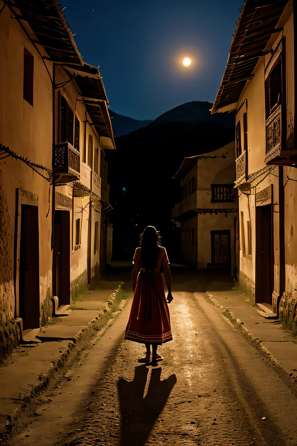[Indian Villagers] in [indian attire] avoid the [road] leading to the castle They say, on [moonlit nights], you can hear her [footsteps] echoing through the [deserted] streets