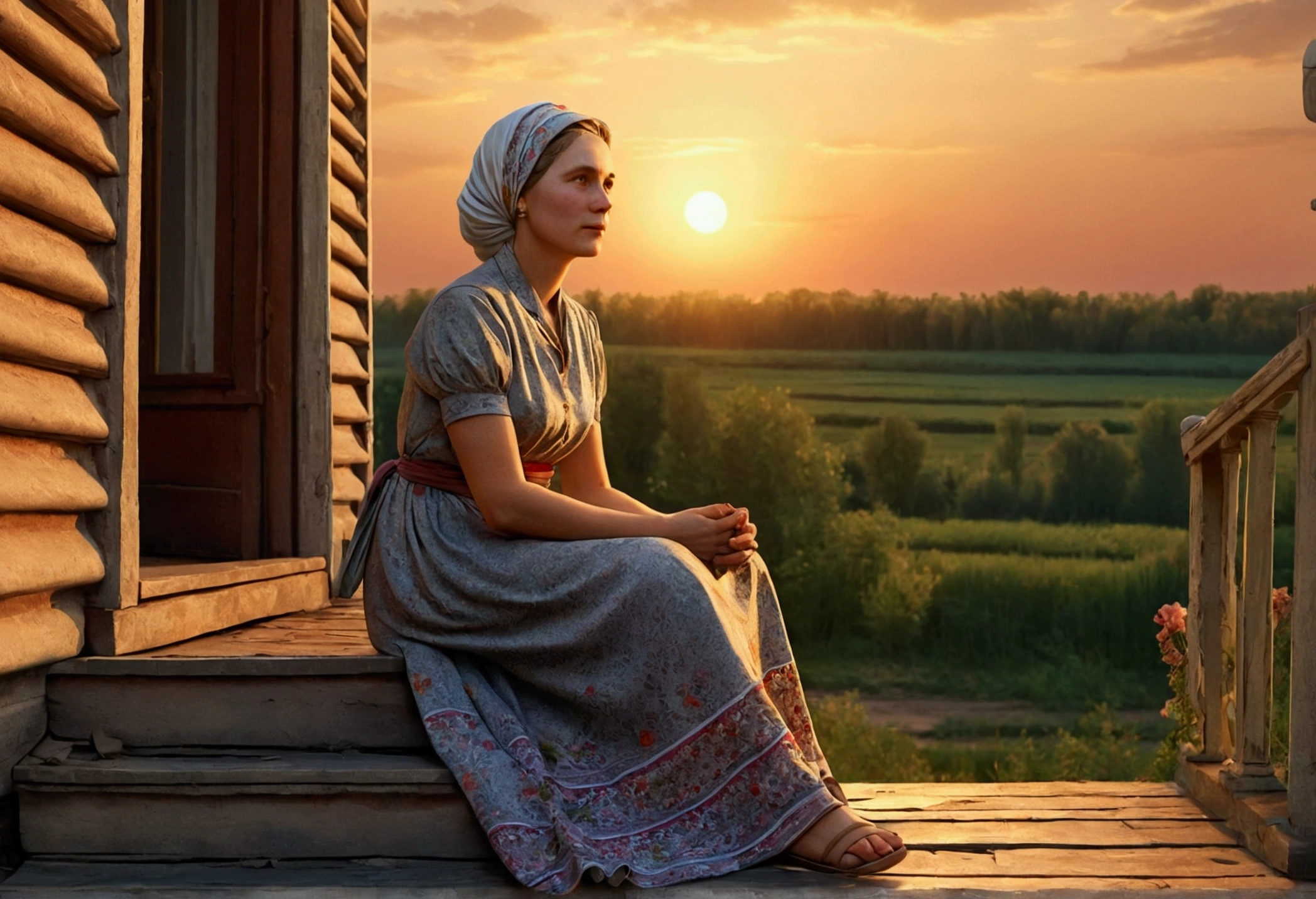A village woman, post-war years, a woman in a dress and a headscarf, an adult woman, USSR, porch, sunset, a woman sitting on the steps, ultra Detail, 8k, masterpieces, illustration 
