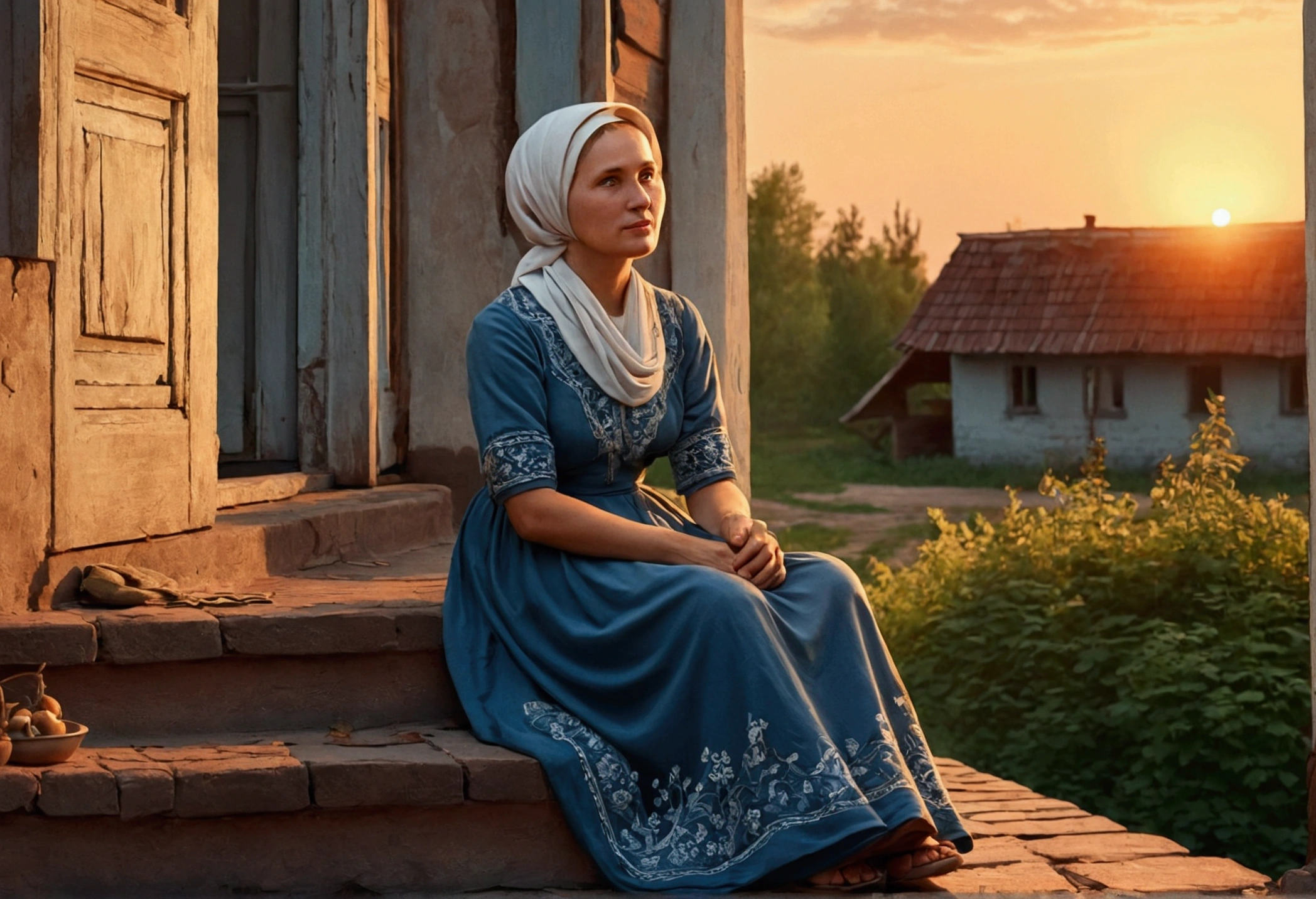 A village woman, post-war years, a woman in a dress and a headscarf, an adult woman, USSR, porch, sunset, a woman sitting on the steps, ultra Detail, 8k, masterpieces, illustration 