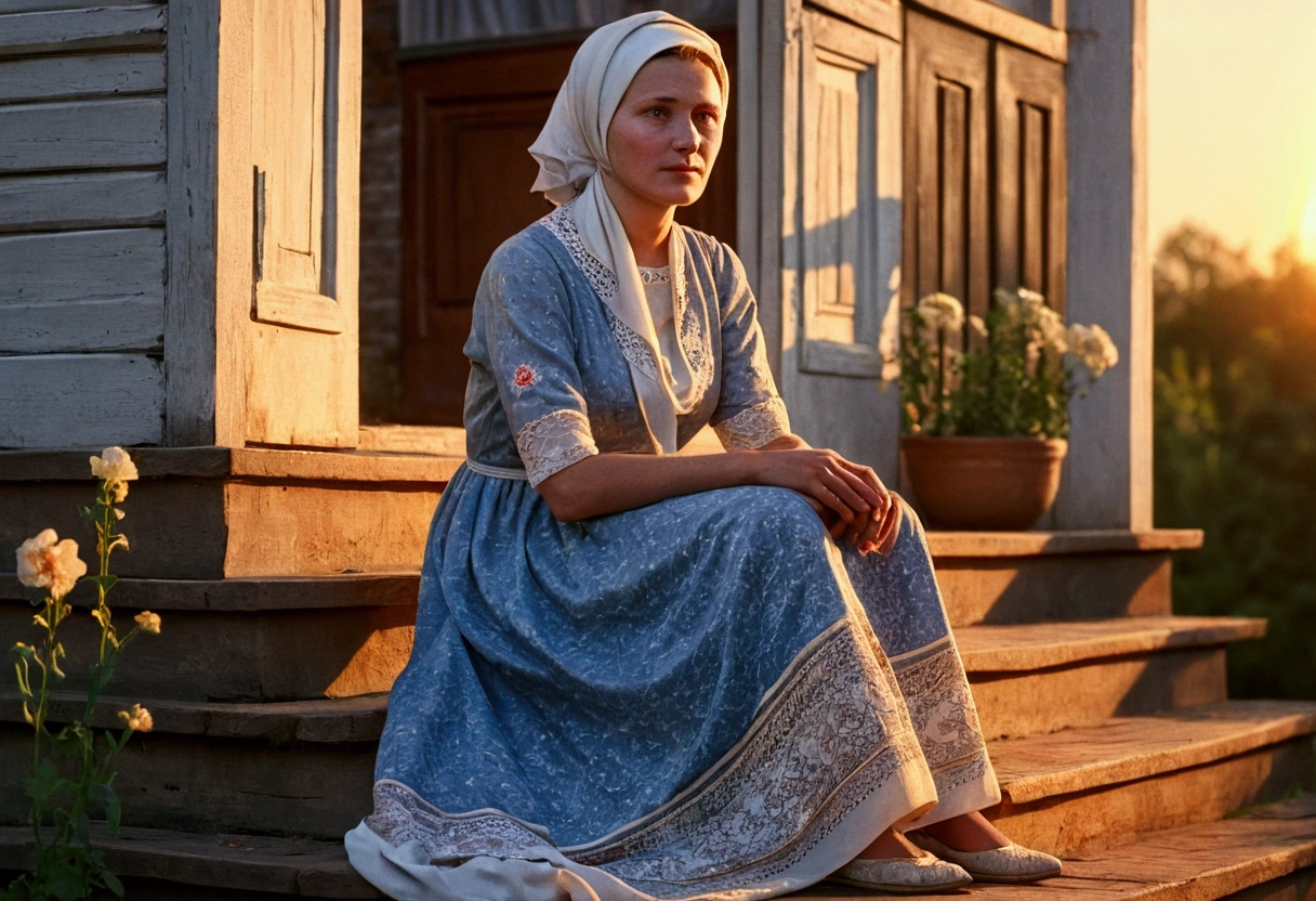 A village woman, post-war years, a woman in a dress and a headscarf, an adult woman, USSR, porch, sunset, a woman sitting on the steps, ultra Detail, 8k, masterpieces, illustration 