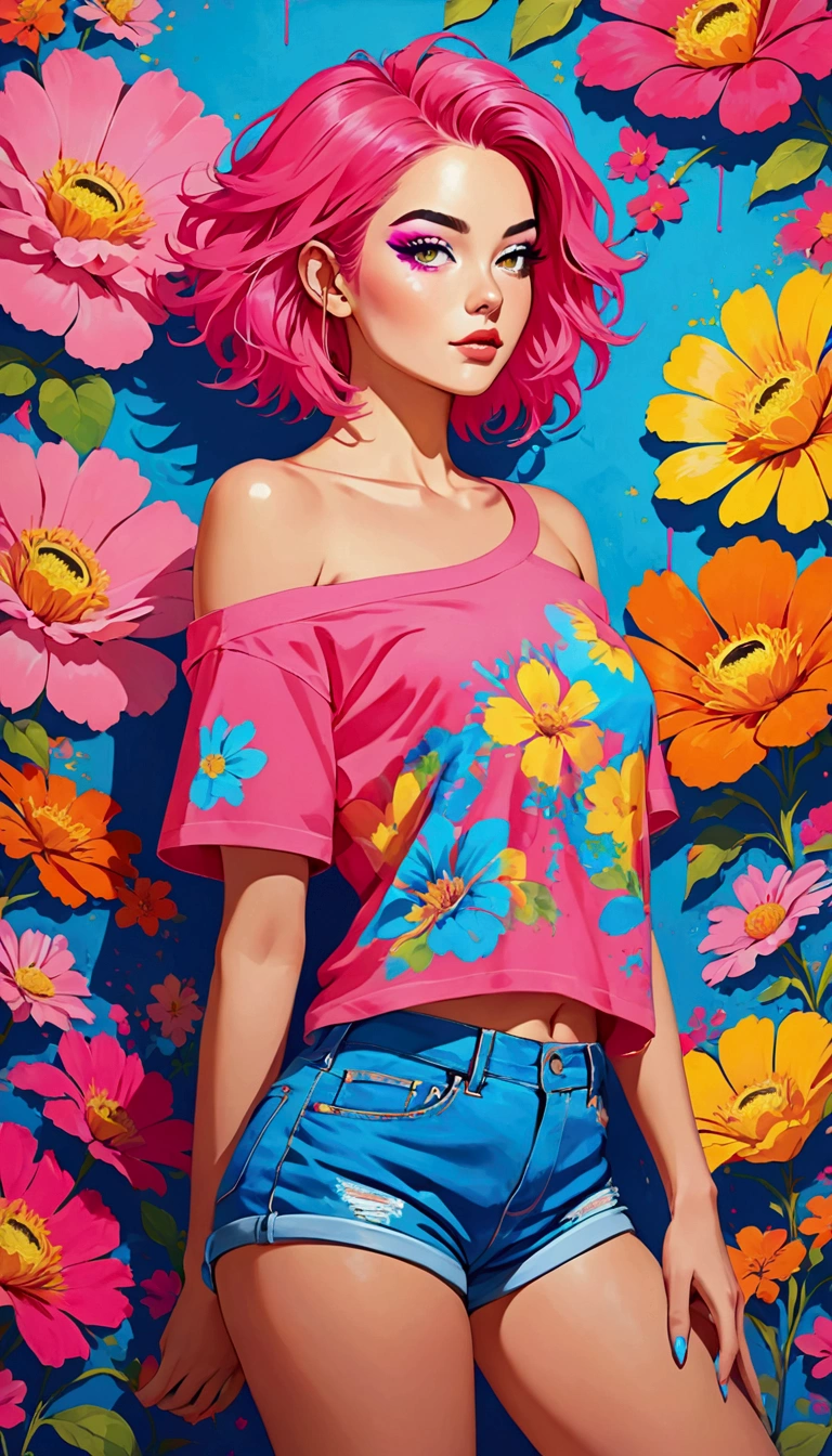 Featuring a dynamic and confident woman,She wears bold makeup,Wear colorful T-shirts, Bare shoulders, Neon Pink Glow Hair, Messy hair, Low rise denim shorts, Over the knee boots,Surrounded by vintage flower motifs, Vibrant brushstrokes,Emotions should be active, indoor, Fluorescent illumination, Minimalist graffiti style background, Digital artwork in pop art style,