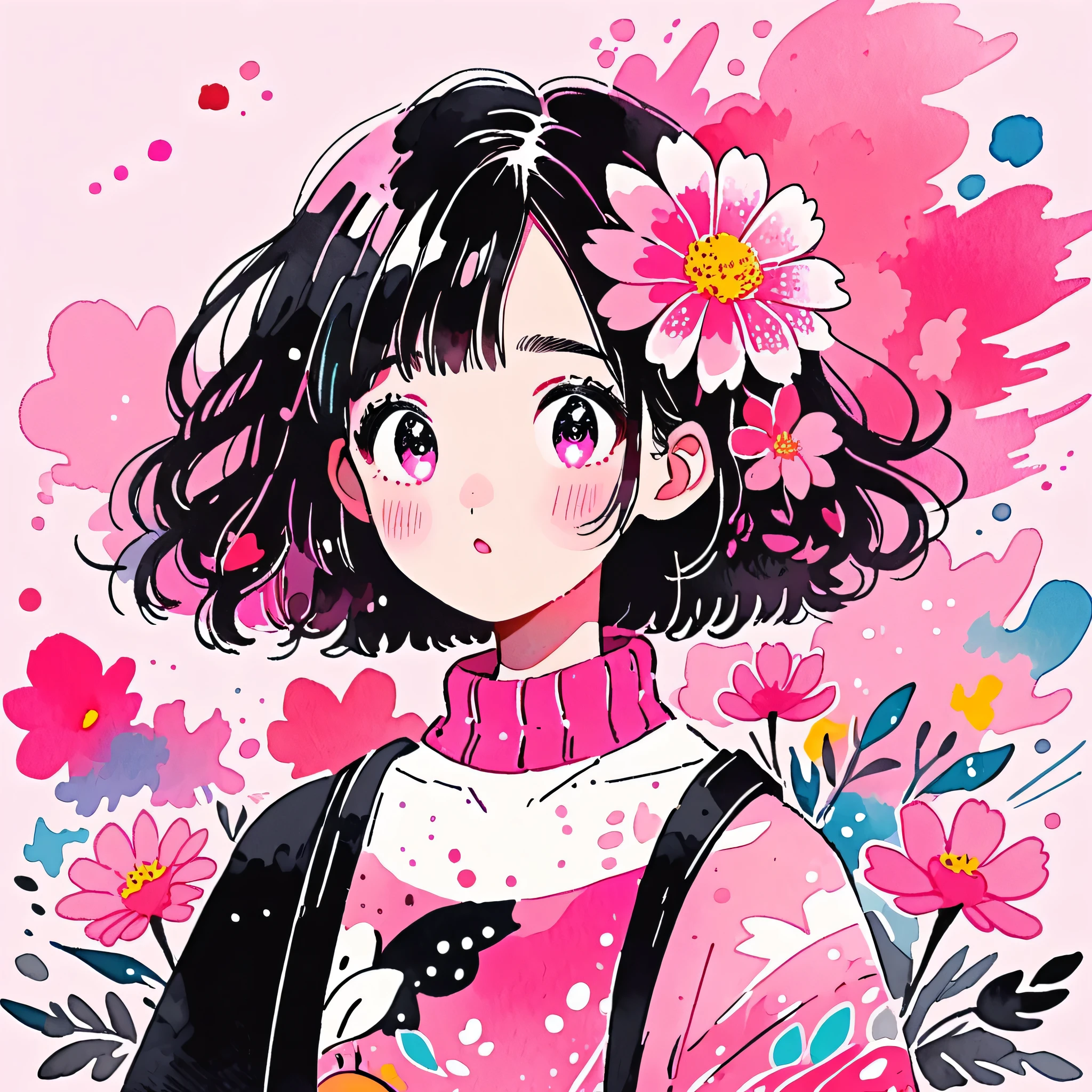 Black Star Pink and White Style、(((stylish fashion))), 8K Quality、Intense watercolor, Detailed watercolor art, Watercolor splash, Surreal, avant-garde pop art, Beautiful and expressive paintings, Beautiful artwork illustration, Very colorful tones, wonderful, Cool beauty, highest quality、Official Art, Vector art, Stylish design, (((The most beautiful girl))), (((highest quality))), HDR, ((detailed)), (((Doodle Art)), ((masterpiece)), ((Super detailed)), (((Colorful flowers))),(((Stylish)))