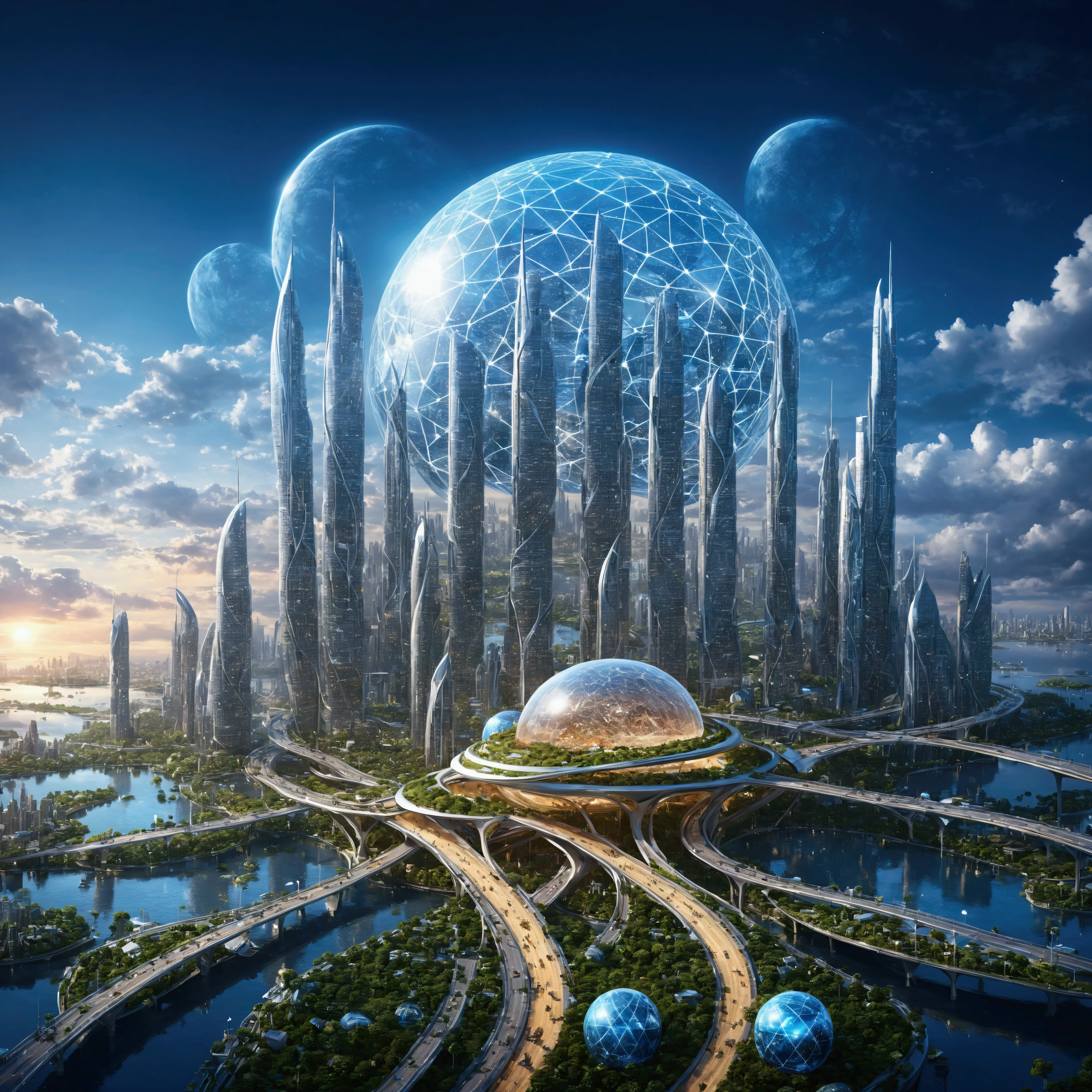 An image of a city with bridges and a large globe, Future city background, City of the Future, Future Cityscape照片, Future Cityscape, Future Utopian City, Cybernetic city background, Future city background, beautiful City of the Future, Otherworldly city of the future, A vision of the city of the future, The future city of mankind is a high-tech floating island. The sky technology city has warm technological lines and atmosphere. The background is high in the sky and the time is dusk.