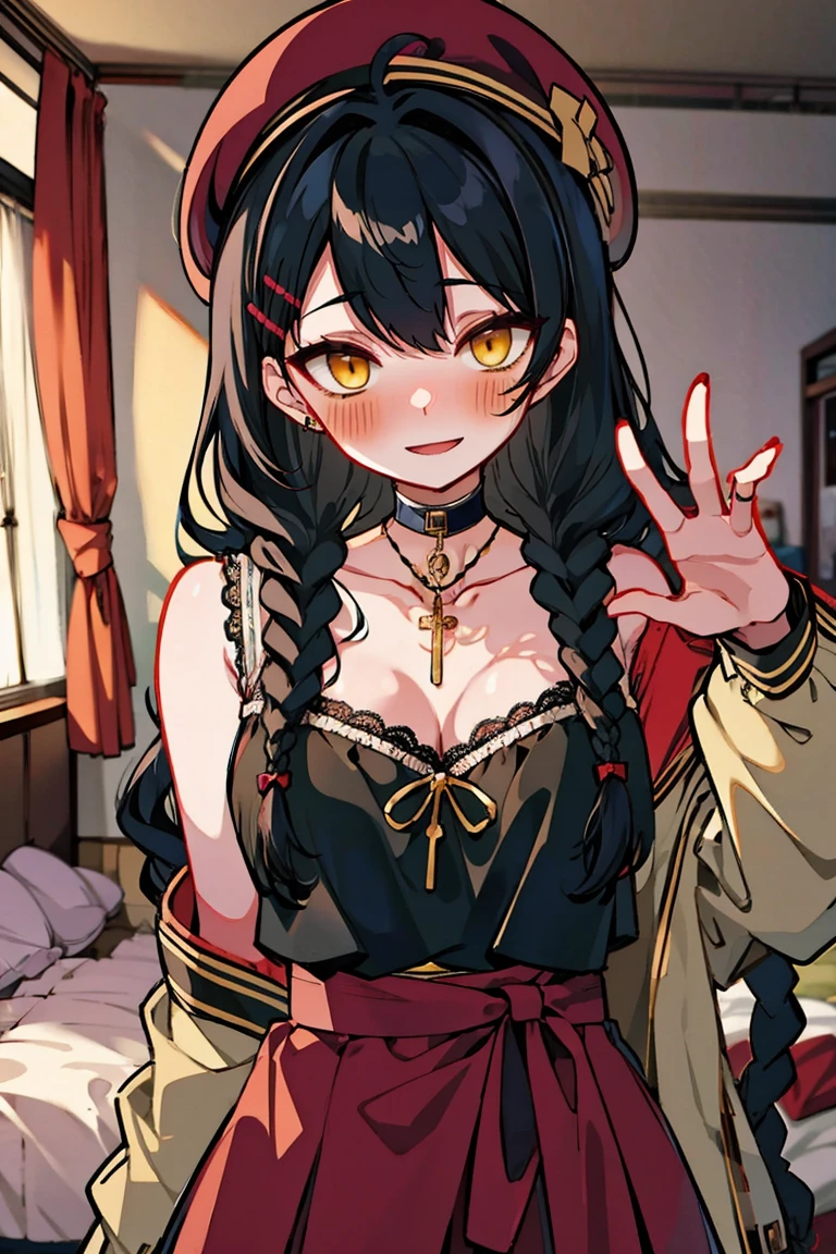 (masterpiece:1.2), (high quality:1.2), (hui xiyi:0.7), rekkyo sensen, rekkyou sensen, girls with((1girl, solo, black hair, yellow eyes, (wavy long hair, wearing a millitary red beret, braids, hairclips, short thin eyebrow:1.55), (right swept bangs:1.4), blush, breasts, choker, cleavage, coat, cowboy shot, dress, blue clothes, ribbon waist belt, collar, collarbone, rosary, rosary choker, cross,, large breasts, long sleeves, medium breasts, sleeveless, cleavage, upper body, hand up, waving, palm)), background with((bedroom, room:2.0))