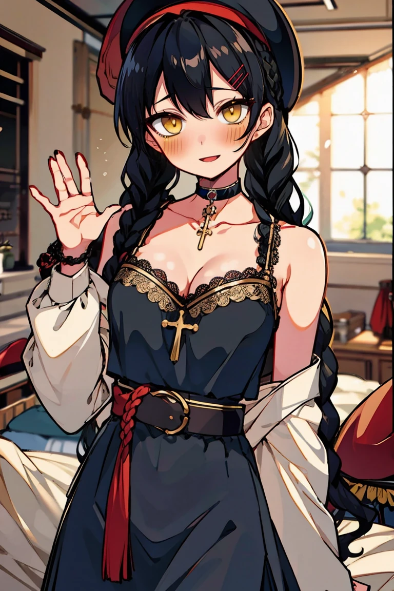 top-quality、Top image quality、​masterpiece、girl with((sixteen years old、teen ager、cute little、Best Bust、big bast,Beautiful blue eyes、Breasts wide open, Dark hair、red hairs、Longhaire、A slender,Large valleys、,Black floral dress、A smile、blue scarf、Black wristband)),hiquality、Beautiful Art、Background with((dark large space、fireplace、warm soup、chandelle)))、,masutepiece、depth of fields,Cinematic style