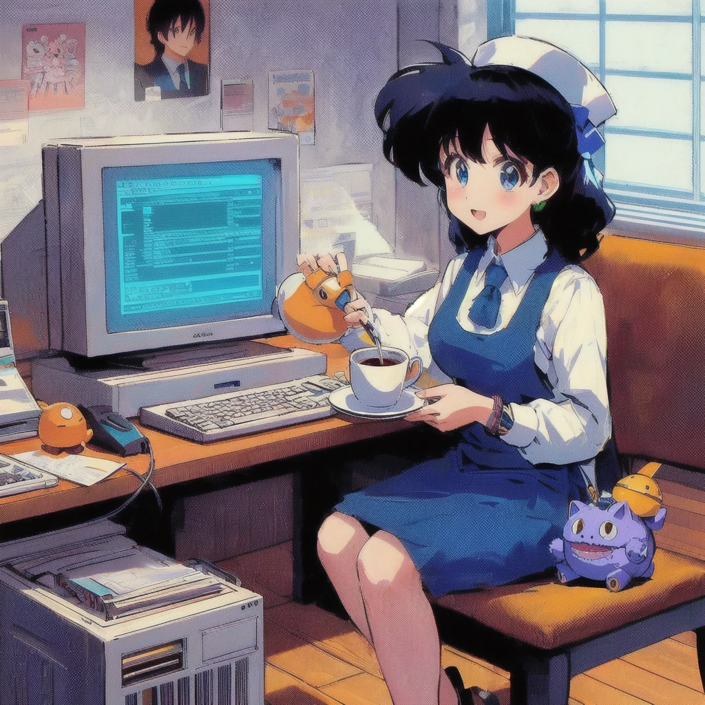 Anime girl sitting at a desk typing on a computer, Stuffed Monster,80's anime vibe, Retro Anime Girls, 80's PC,Have a teacup,80s poster,80s anime art style, 80s anime style, 1980's anime style, In 80s anime art style, Lo-fi Girl