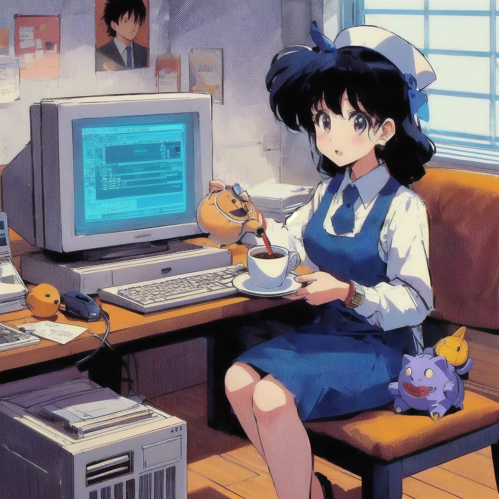 Anime girl sitting at a desk typing on a computer, Stuffed Monster,80's anime vibe, Retro Anime Girls, 80's PC,Have a teacup,80s poster,80s anime art style, 80s anime style, 1980's anime style, In 80s anime art style, Lo-fi Girl