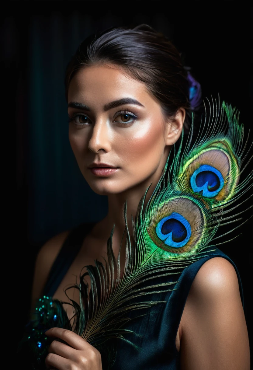 ultra clear raw photo of woman with a peacock feather, close up, dark background