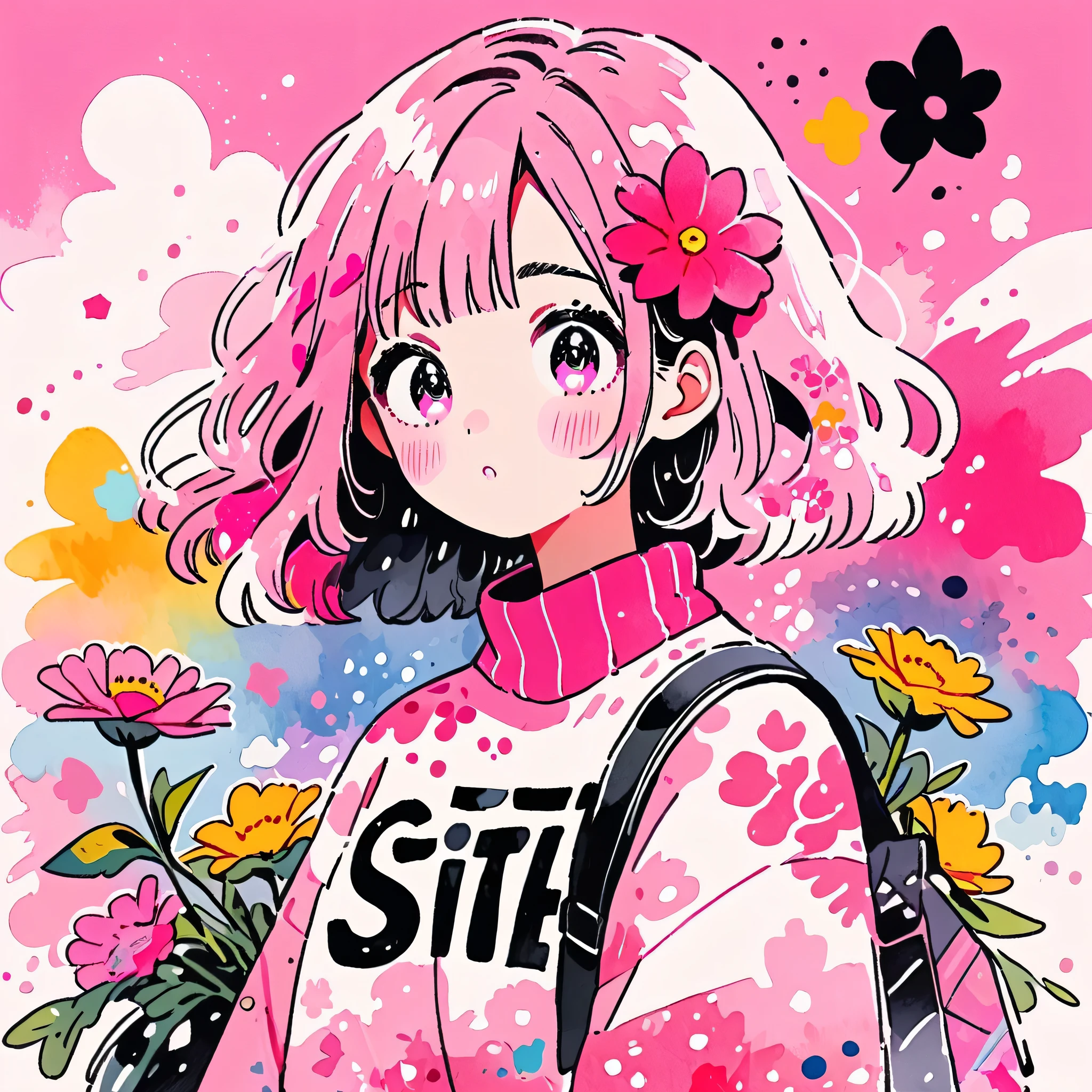Black Star Pink and White Style、(((stylish fashion))), 8K Quality、Intense watercolor, Detailed watercolor art, Watercolor splash, Surreal, avant-garde pop art, Beautiful and expressive paintings, Beautiful artwork illustration, Very colorful tones, wonderful, Cool beauty, highest quality、Official Art, Vector art, Stylish design, (((The most beautiful girl))), (((highest quality))), HDR, ((detailed)), (((Doodle Art)), ((masterpiece)), ((Super detailed)), (((Colorful flowers))),(((Stylish)))