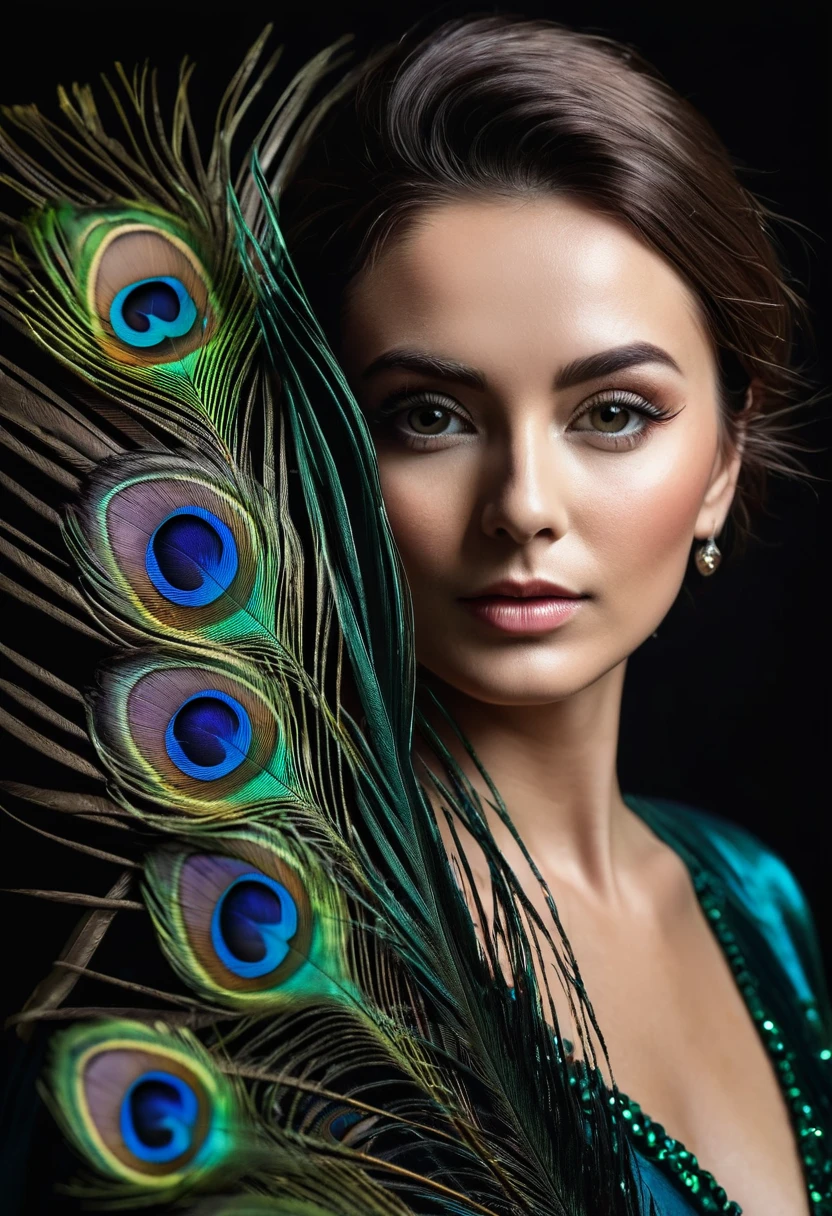 ultra clear raw photo of woman with a peacock feather, close up, dark background