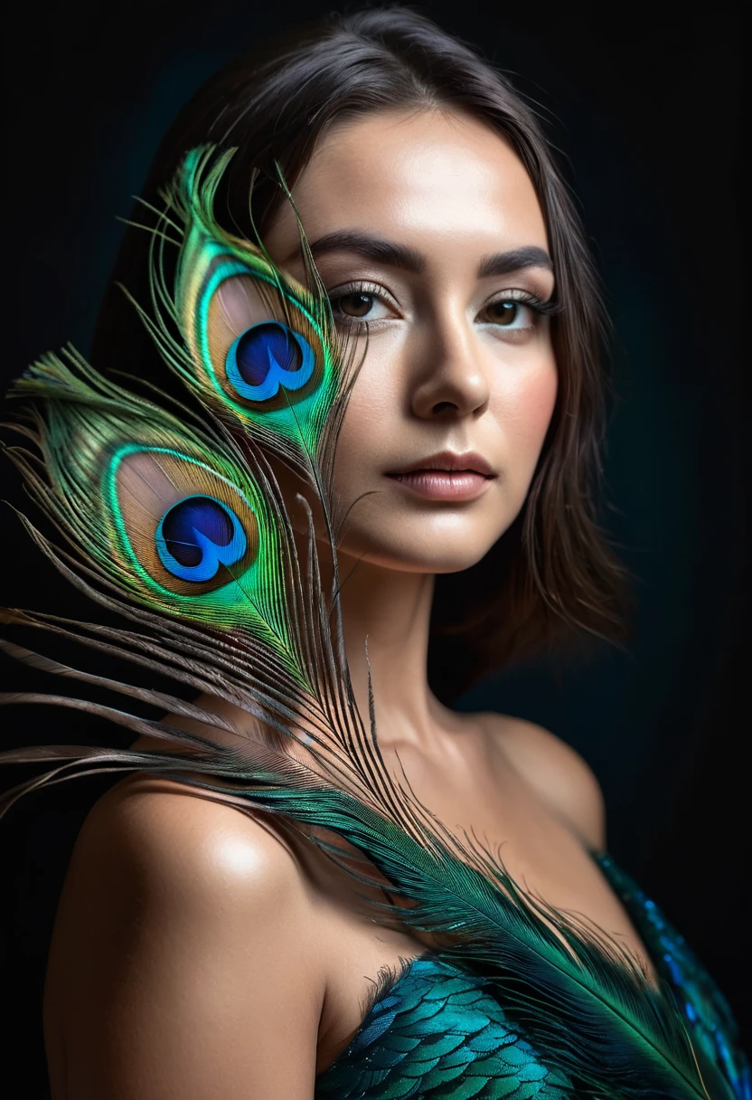 ultra clear raw photo of woman with a peacock feather, close up, dark background