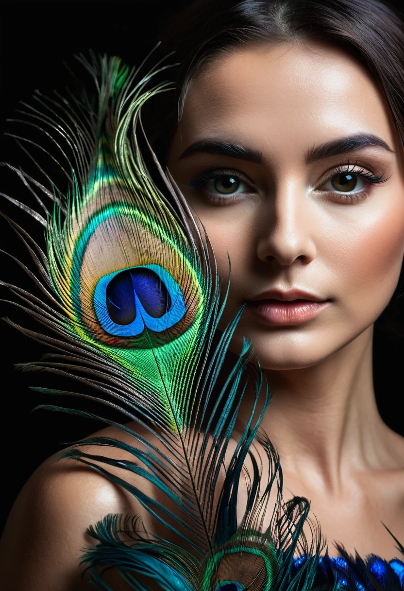 ultra clear raw photo of woman with a peacock feather, close up, dark background