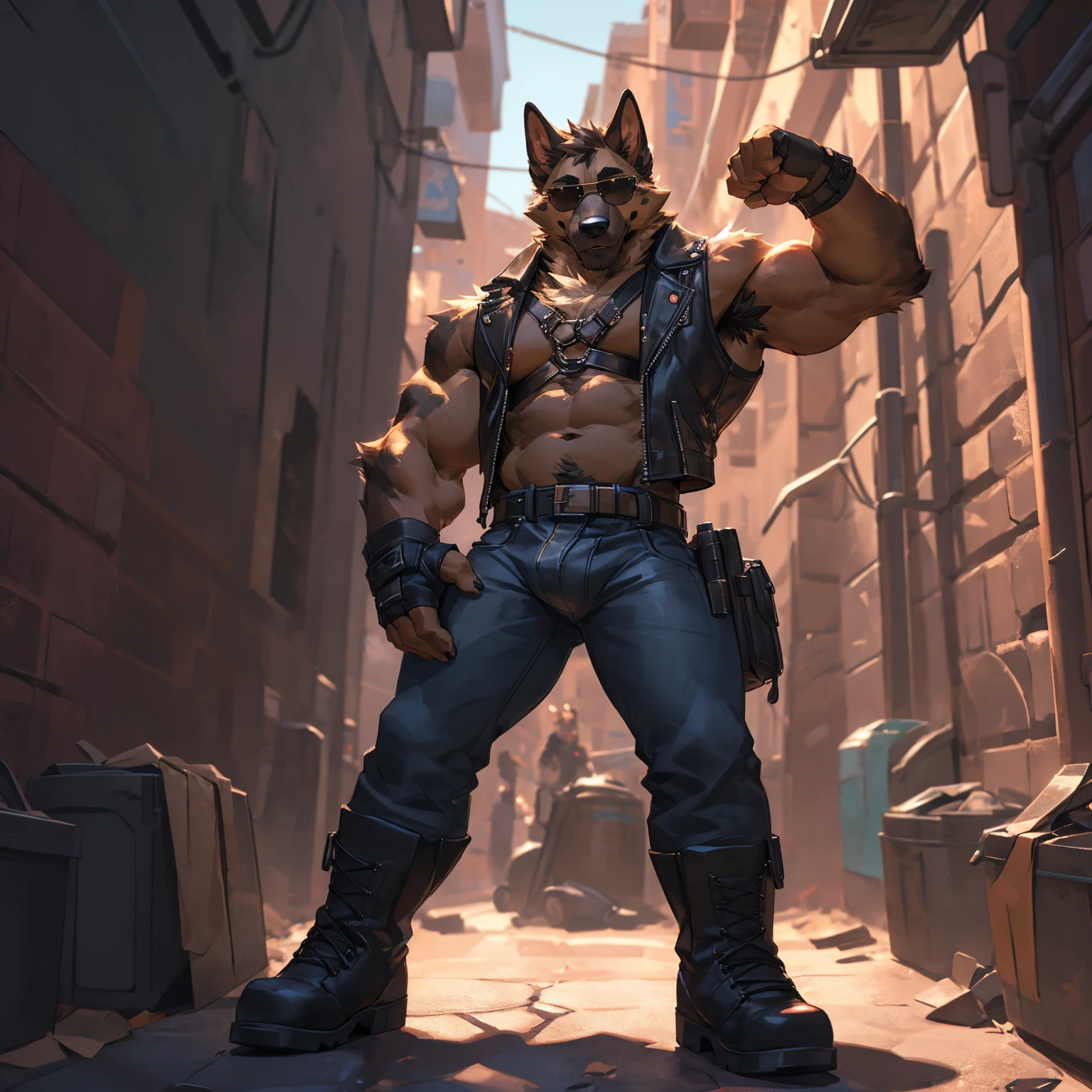 Solo, male, medium muscular, german shepherd, dog, biker, hairy chest, leather vest, blue jeans, leather chest harness, gun holster, gun,leather fingerless gloves, fingerless gloves, workboots, boots, nipple piercing ((focus body, furry focus, shades focus, body shades)) nice body, standing, parked motorcycle, posing, one arm raised, flexing one arm, exposed right armpit, armpit hair, bulge, groping bulge, left hand on bulge, touching crotch, model, light, shades, 4k, high quality (((alley background, outside))), by darkgem, by mystikfox61