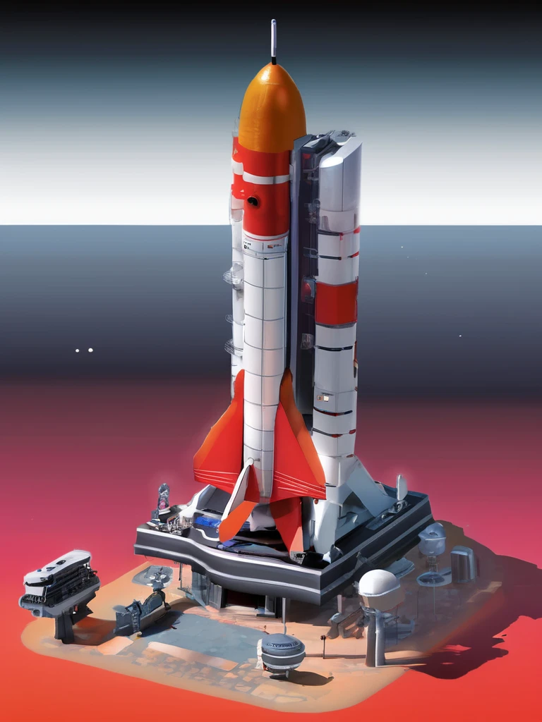 vray, radiosity, perfect light, masterpiece, high resolution, isometric view, hyper detailed, intricate, miniature, (tilt shift blur effect:1.4),
scifi high tech space center building, red rocketship on launchpad, rocky moon surface around,
Isometric_Setting