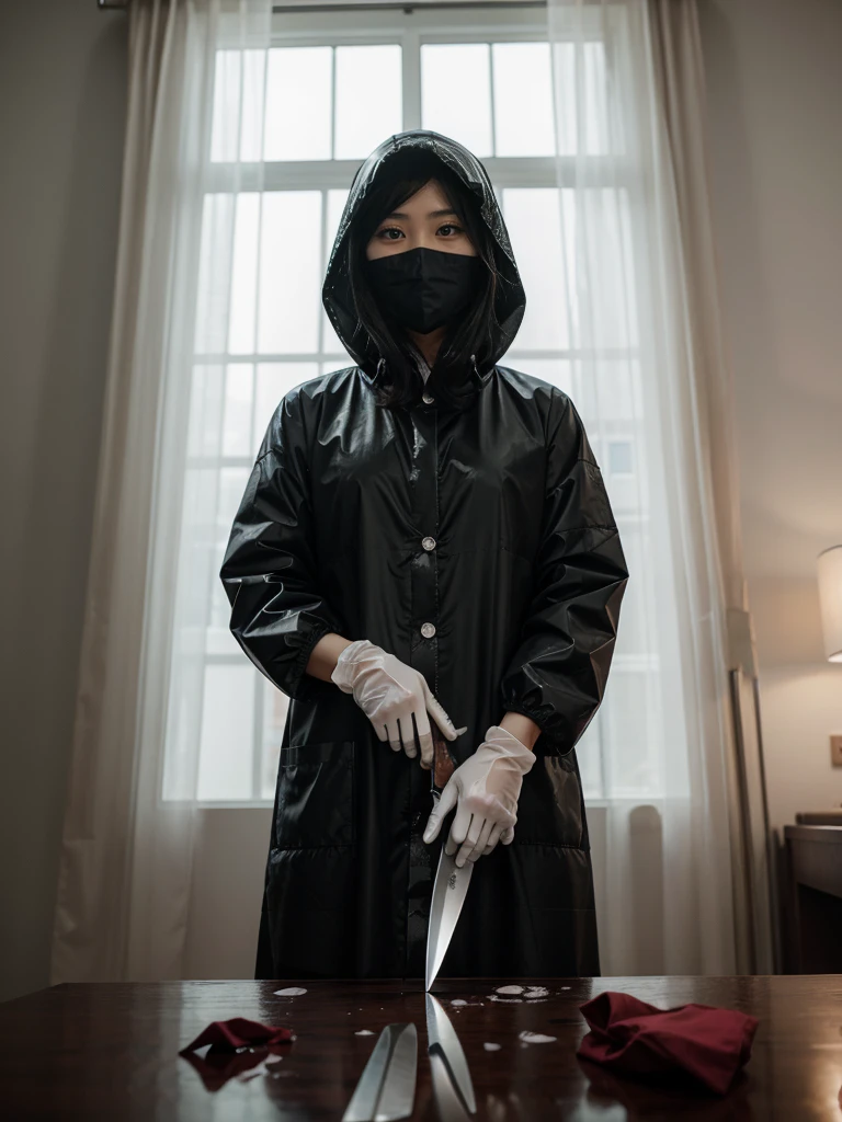 korean girl, (behind corpse, surgical mask), blood splatter, holding knife, stabbing, black gloves, room full of blood, transparent raincoat, hood up, holding knife, black gloves, behind corpse, short hair, night, mass murderer, robbery, in the hotel, light from the window