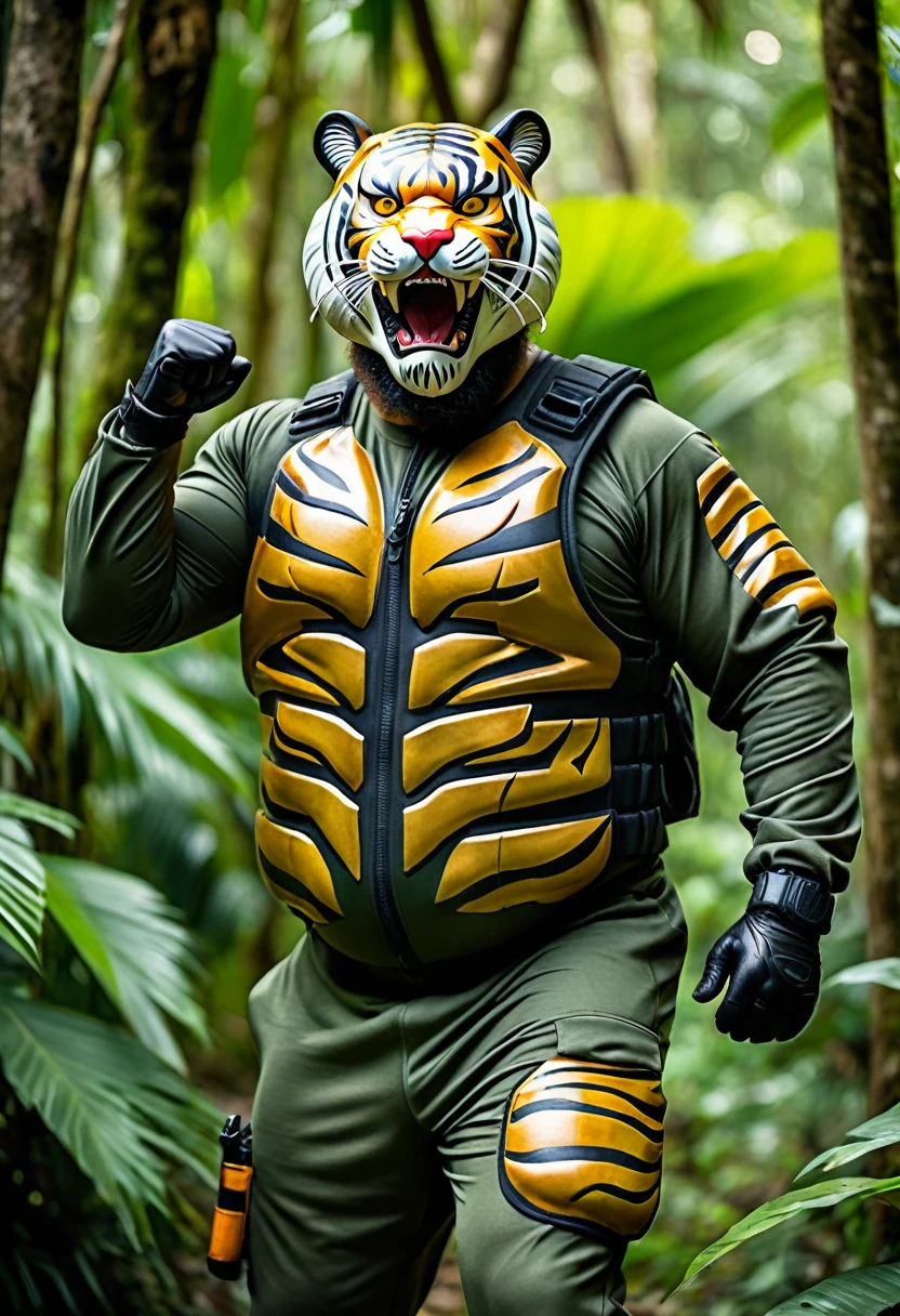(a dark-skinned bearded fat old man in army camouflage zipper diver suit) (wearing realistic roaring tiger mask that show the wearer eyes), raising fist, carrying a gun holster on his right hip, walking in jungle, muscular, Basuki Abdullah, sumatraism, muscular physique, imposing stature, action, a character portrait, heroic, fierce, snarling, best quality