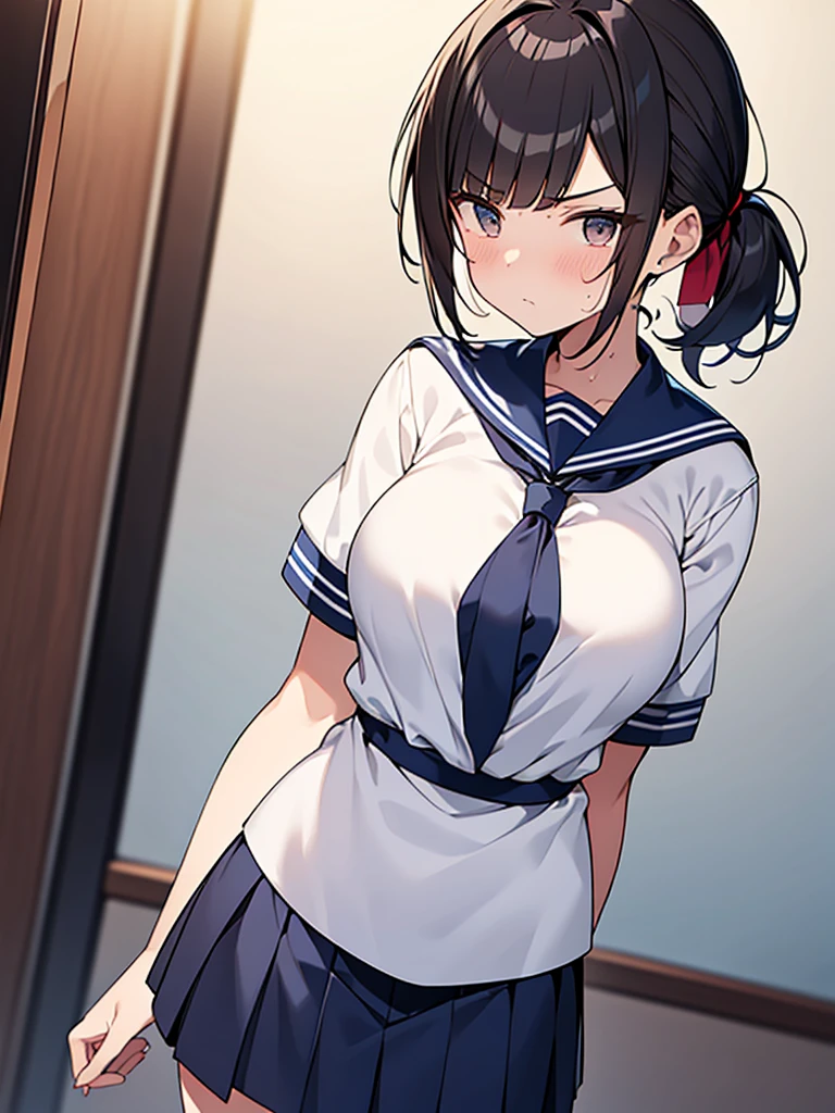 White sailor suit with short sleeves:1.9 Dark blue collar:1.9. Dark blue uniform pleated skirt:1.9. Anime drawings with vivid colors: Tall women:1.9 Standing, sweating, arms crossed, large breasts, troubled face, glaring, wrinkled brows, flushed cheeks, night:1.3 Apartment bedroom, white sheets, short black hair, ponytail:1.9 Straight hair, bangs swept to the side:1.9. Slanted eyes, brown eyes, tall, strong-willed, beautiful