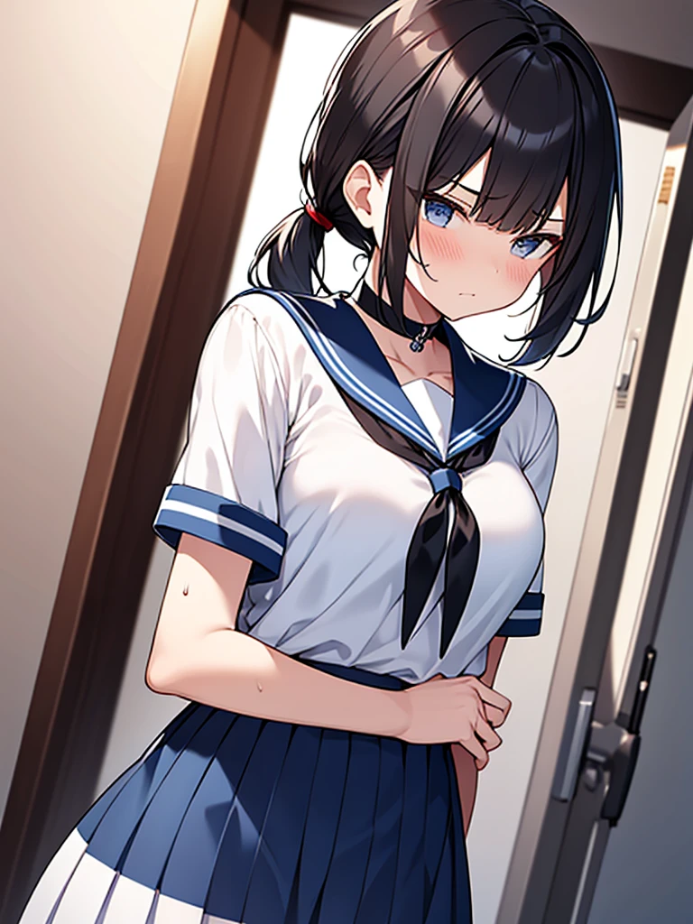 White sailor suit with short sleeves:1.9 Dark blue collar:1.9. Dark blue uniform pleated skirt:1.9. Anime drawings with vivid colors: Tall women:1.9 Standing, sweating, arms crossed, large breasts, troubled face, glaring, wrinkled brows, flushed cheeks, night:1.3 Apartment bedroom, white sheets, short black hair, ponytail:1.9 Straight hair, bangs swept to the side:1.9. Slanted eyes, brown eyes, tall, strong-willed, beautiful