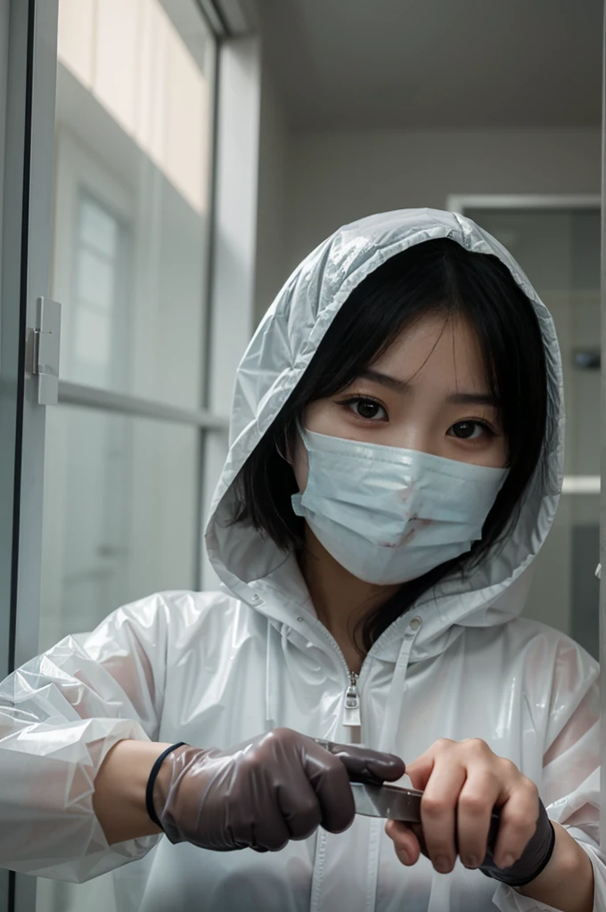 korean girl, (behind corpse, surgical mask), blood splatter, holding knife, stabbing, latex gloves, room full of blood, transparent raincoat, hood up, holding knife, latex gloves, behind corpse, short hair, night, mass murderer, robbery, in the hotel, light from the window
