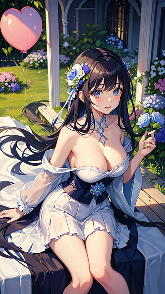 best quality,masterpiece,Ultra-high resolution,(photoactual:1.4),,Sky full of platycodon flowers(background),20 years old ,Balloon Flower Fairy(Japanese Girls),Dark blue shawl long hair,cute eyes,Sexy body,Big breasts,Wearing a platycodon flower strapless skirt,Sitting among the lisianthus flowers,The mouth smiles,Thinking with lisianthus flowers in hand,