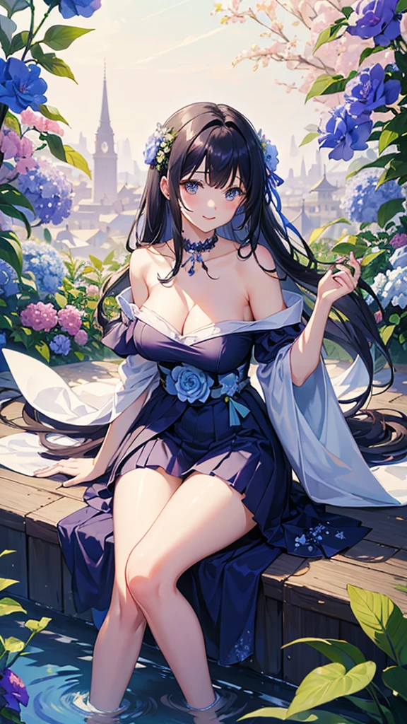 best quality,masterpiece,Ultra-high resolution,(photoactual:1.4),,Sky full of platycodon flowers(background),20 years old ,Balloon Flower Fairy(Japanese Girls),Dark blue shawl long hair,cute eyes,Sexy body,Big breasts,Wearing a platycodon flower strapless skirt,Sitting among the lisianthus flowers,The mouth smiles,Thinking with lisianthus flowers in hand,