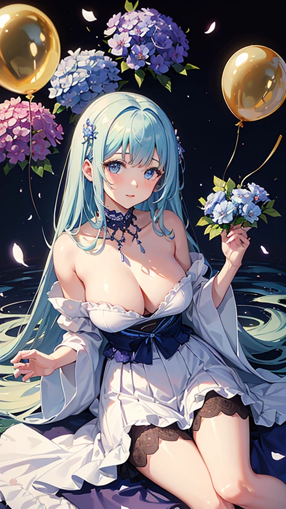 best quality,masterpiece,Ultra-high resolution,(photoactual:1.4),,Sky full of platycodon flowers（background）,20 years old ,Balloon Flower Fairy（Japanese Girls）,Dark blue shawl long hair,cute eyes,Sexy body,Big breasts,Wearing a platycodon flower strapless skirt,Sitting among the lisianthus flowers,The mouth smiles,Thinking with lisianthus flowers in hand,