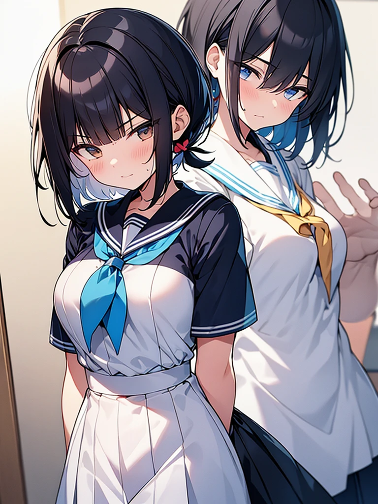 White sailor suit with short sleeves:1.9 Dark blue collar:1.9. Dark blue uniform pleated skirt:1.9. Anime drawings with vivid colors: Tall women:1.9 Standing, sweating, arms crossed, large breasts, troubled face, glaring, wrinkled brows, flushed cheeks, night:1.3 Apartment bedroom, white sheets, short black hair, ponytail:1.9 Straight hair, bangs swept to the side:1.9. Slanted eyes, brown eyes, tall, strong-willed, beautiful
