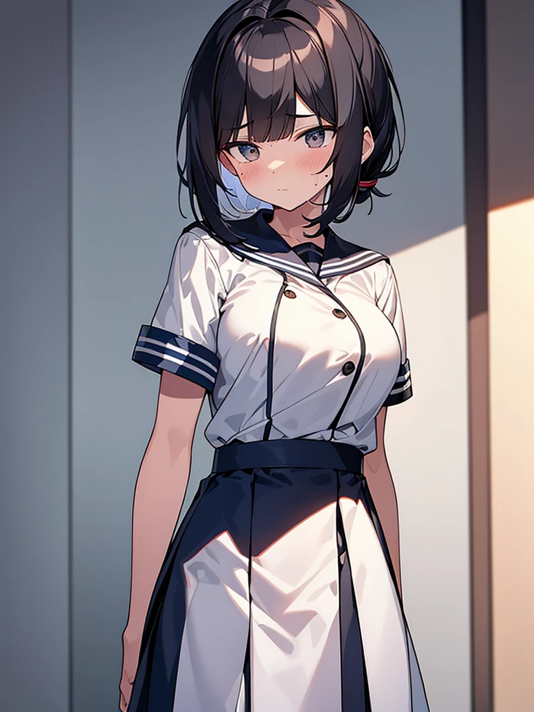 White sailor suit with short sleeves:1.9 Dark blue collar:1.9. Dark blue uniform pleated skirt:1.9. Anime drawings with vivid colors: Tall women:1.9 Standing, sweating, arms crossed, large breasts, troubled face, glaring, wrinkled brows, flushed cheeks, night:1.3 Apartment bedroom, white sheets, short black hair, ponytail:1.9 Straight hair, bangs swept to the side:1.9. Slanted eyes, brown eyes, tall, strong-willed, beautiful