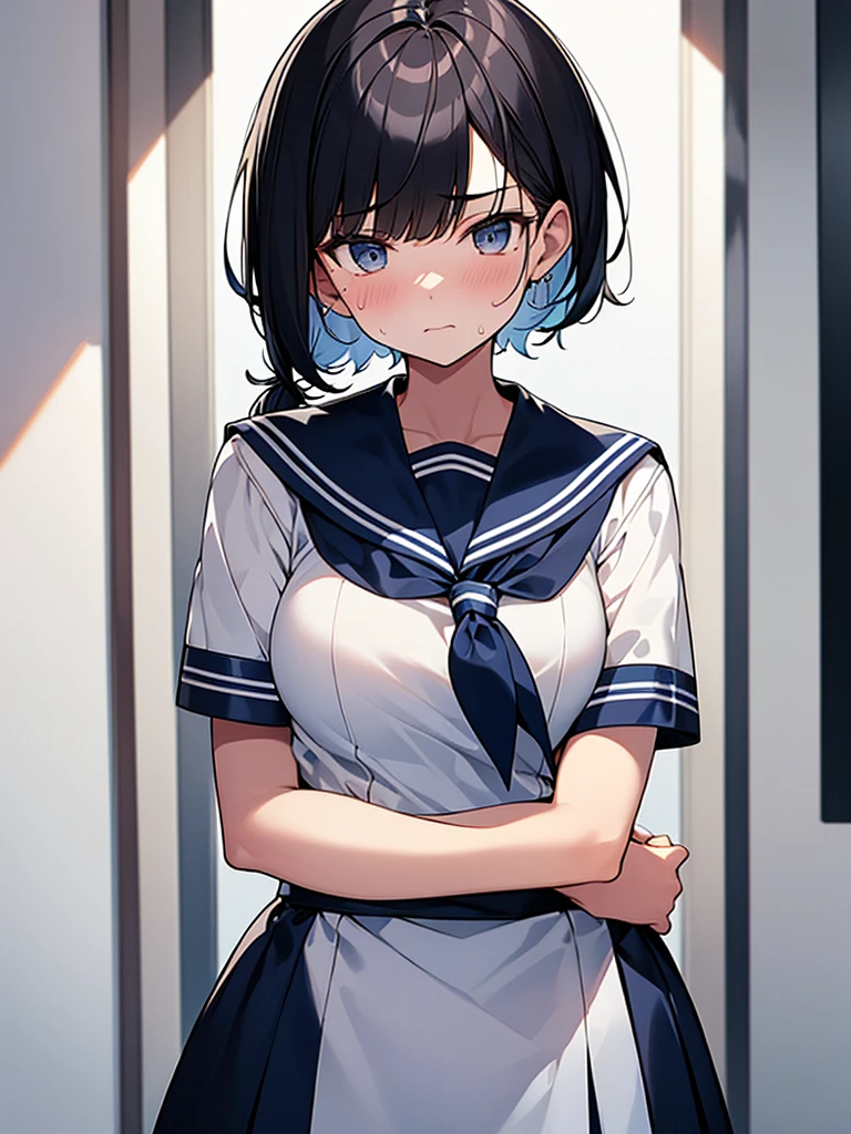 White sailor suit with short sleeves:1.9 Dark blue collar:1.9. Dark blue uniform pleated skirt:1.9. Anime drawings with vivid colors: Tall women:1.9 Standing, sweating, arms crossed, large breasts, troubled face, glaring, wrinkled brows, flushed cheeks, night:1.3 Apartment bedroom, white sheets, short black hair, ponytail:1.9 Straight hair, bangs swept to the side:1.9. Slanted eyes, brown eyes, tall, strong-willed, beautiful