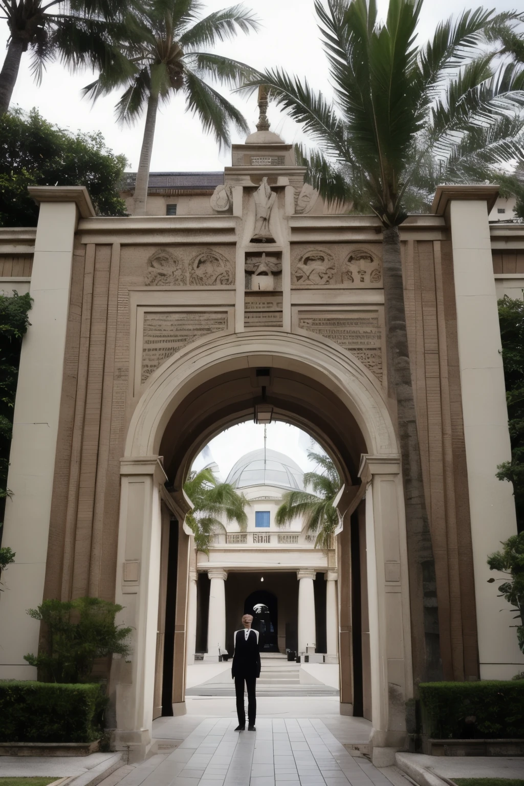 A magnificent museum entrance,A guide in formal attire,Standing sideways with palms upwards pointing to the museum entrance,Children are welcome,sunny,Cartoon