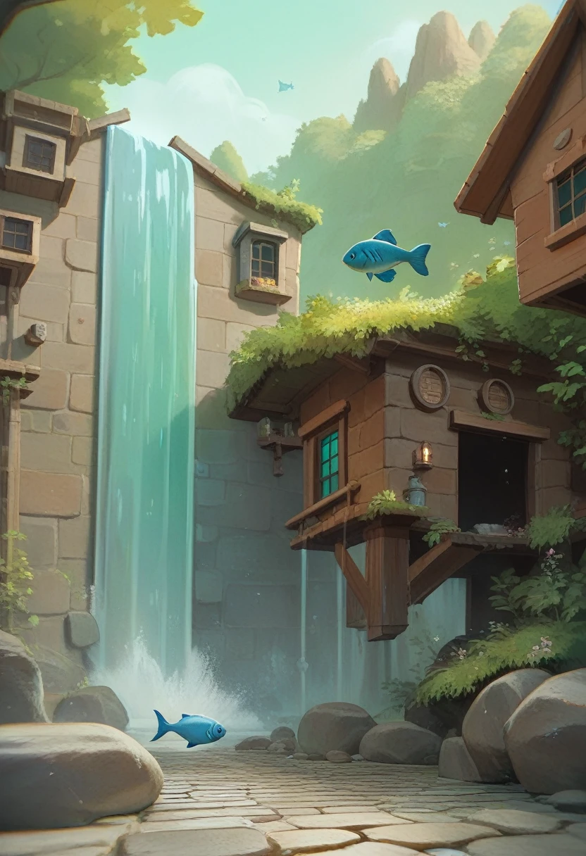 ( backdrop:1.2), (3D isometric art of a floating rock citadel),  cobblestone, Floral, Green, stone, Moos, Fish tank, (waterfall:1.2), Hut
