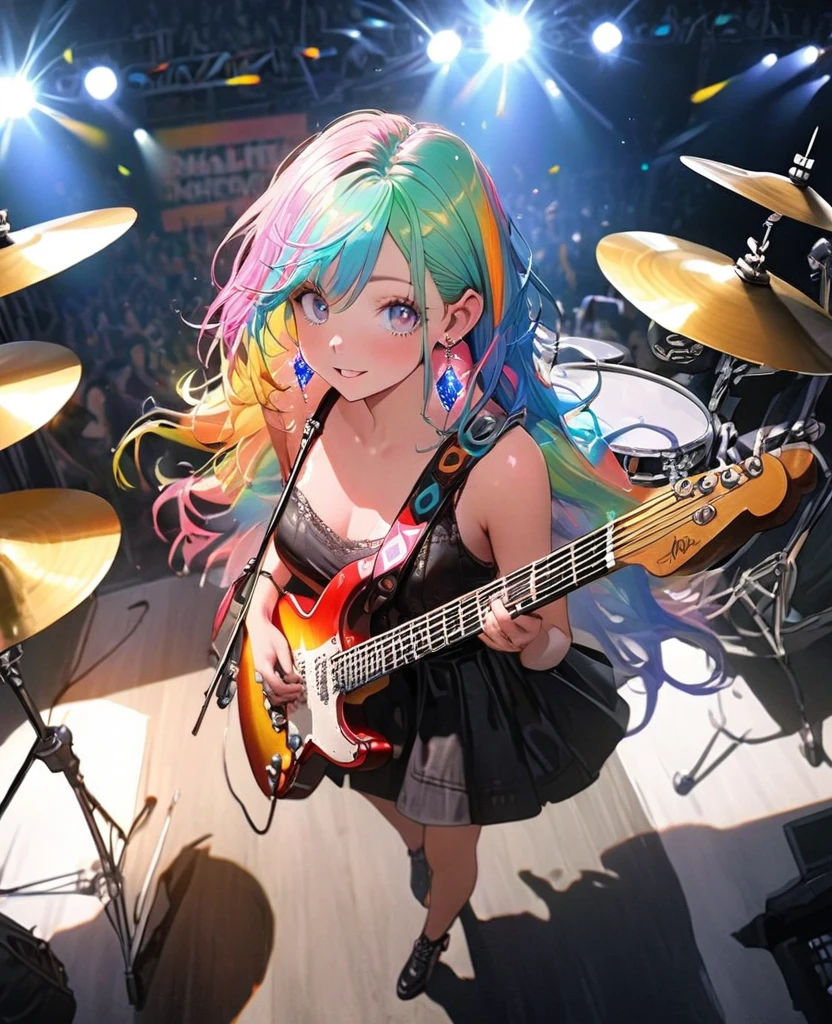 8K,beautiful girl,an extremely delicate and beautiful,Beautiful and realistic skin,Shiny jewel-like earrings,Shining brightly colorful hair,beautiful eyes,full body, musician,drummer