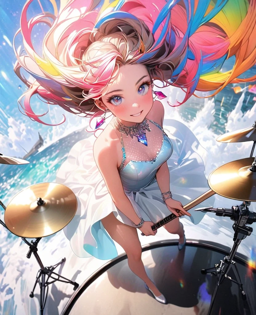 8K,beautiful girl，an extremely delicate and beautiful,Beautiful and realistic skin,Shiny jewel-like earrings,Shining brightly colorful hair,beautiful eyes,full body, musician,drummer