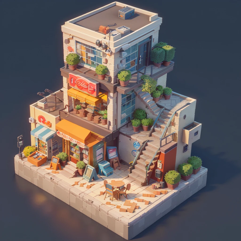 (Isometric Art:1.5)，The art of math，Coffee Shop，bookshops，Street entrance，PARKING LOT，car，(high quality，Masterpiece，Octane Rendering，Ray Tracing，Extremely detailed，3d，8k:1.5)