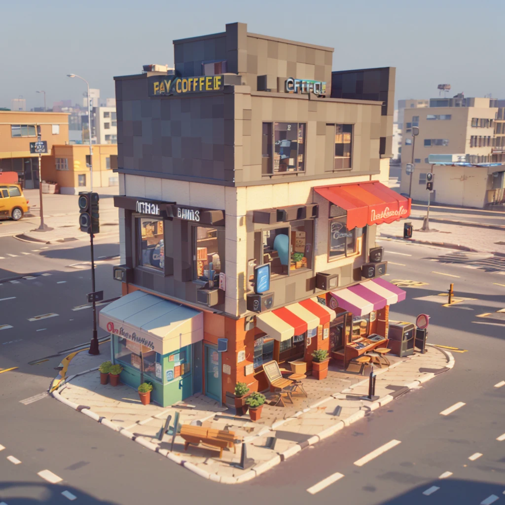 (Isometric Art:1.5)，The art of math，Coffee Shop，bookshops，Street entrance，PARKING LOT，car，(high quality，Masterpiece，Octane Rendering，Ray Tracing，Extremely detailed，3d，8k:1.5)