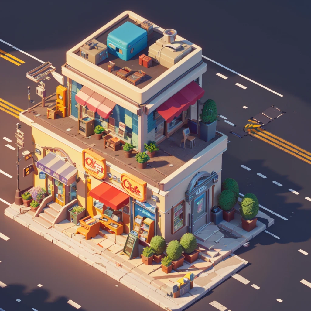 (Isometric Art:1.5),The art of math,Coffee Shop,bookshops,Street entrance,PARKING LOT,car,(high quality,Masterpiece,Octane Rendering,Ray Tracing,Extremely detailed,3d,8k:1.5)