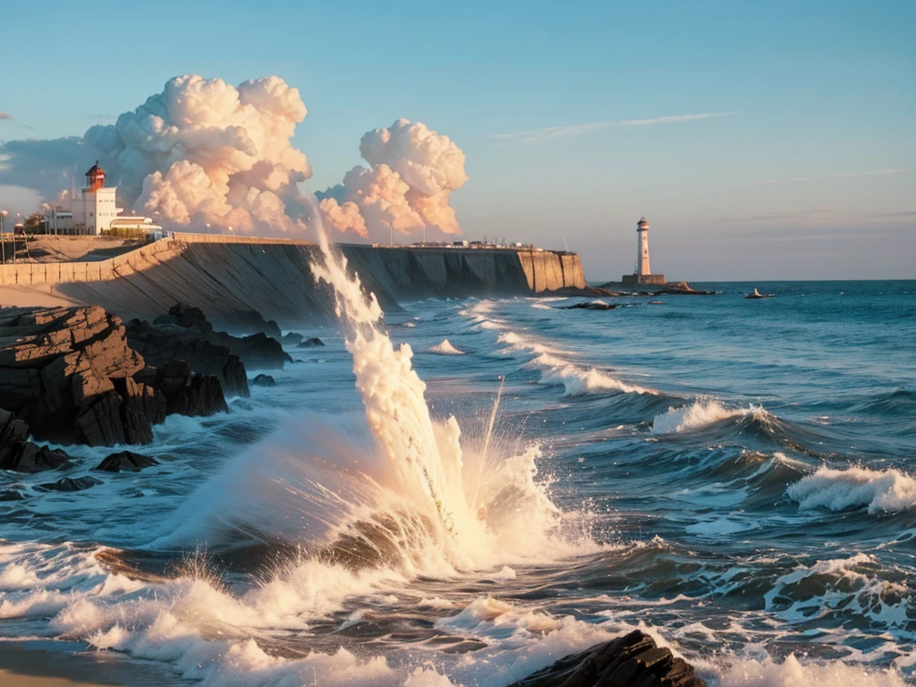 beach background,Huge explosion,exploding lighthouse