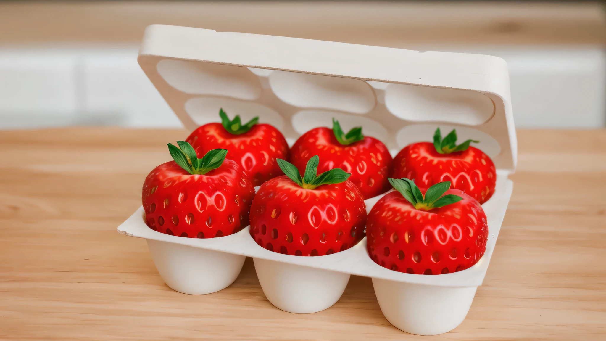 on a wooden table, in a paper egg tray, instead of eggs 6 strawberries, strawberries in egg tray, realistic texture, Realistic style, detailed texture, high quality, a high resolution, high quality rendering, realistic photo, bright light, macro photo