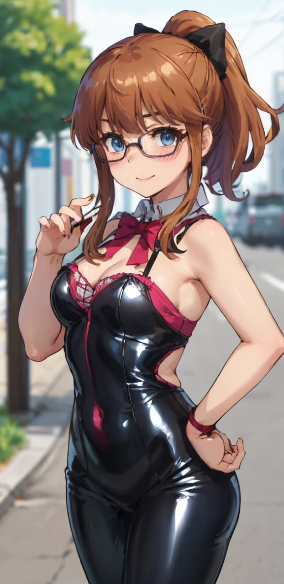 best quality, (masterpiece:1.2), highly detailed, standing, street,
1girl, solo, akatsuki minami,
looking at the viewer, closed mouth, smile, slight blush,
blue eyes, brown hair, ponytail, hair bow, sleeveless, ((the girl is dominatrix and she is wearing latex outfit, she is dominant and merciless)),  cowboy_shot, glasses