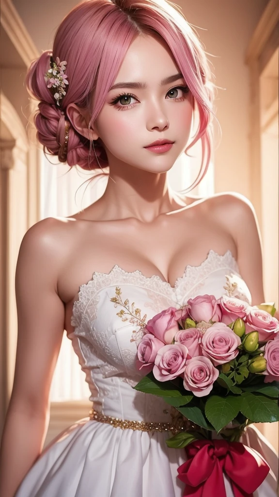 (masterpiece, best quality:1.2), solo, A stunning portrait of a lady holding a bouquet of delicate flowers, her eyes sparkling with kindness and beauty. The Schneider pastel inks used to create this image add a soft and delicate touch, while the fluffy textures give it a dreamy quality. The pastel colors add a touch of softness and the perfect details make this image a true masterpiece.