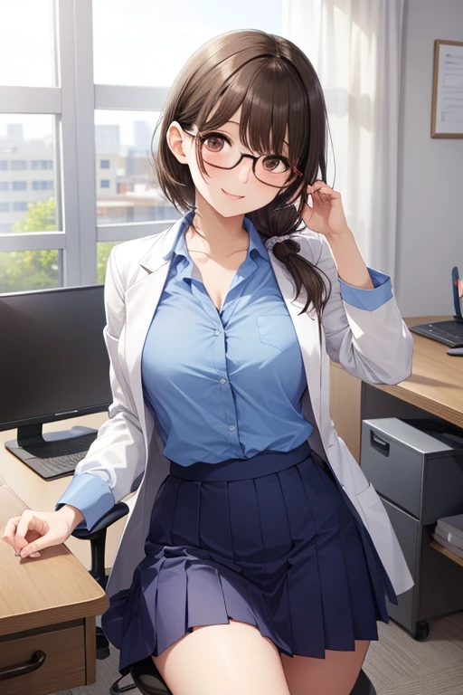 anegasaki nene、Shiny brown hair, short hair, (Beautiful brown eyes、Sparkling eyes, Fine grain)、smile、Ultra-detailed eyes、Highly detailed face, Highly detailed eyes,


 (A beautiful and sexy woman who looks like a demigod , She tied her hair in a low ponytail、Wearing glasses, Blue Skirt, and lab coats, Geeky look)  (Relax in your work chair)