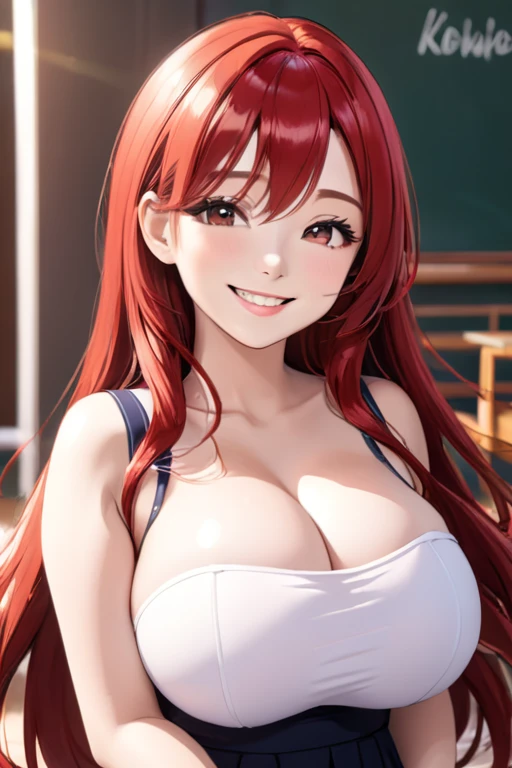 (high quality:1.1),pretty,1 high school student girl,red hair color,middle long hair style,smile,(large breasts:1.4),