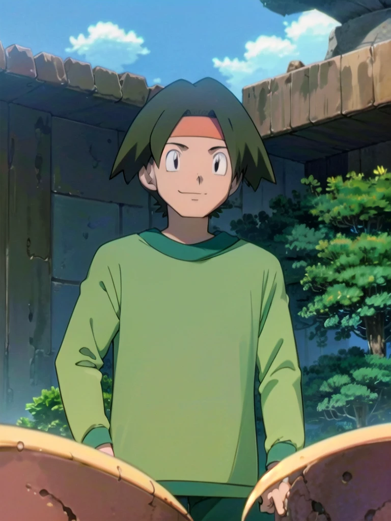 Tracey, solo, smile, shirt, 1boy, closed mouth, upper body, male focus, outdoors, sky, cloud, black eyes, green shirt, anime coloring pokemovies, sugimori ken, ken sugimori ken \(style\), masterpiece, 8k, best quality, happy, smile, anime screencap, zoom out, landscape, sea, daytime, sunlight, concept art, anime background,